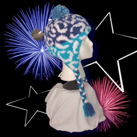 Girls Multi Blues & White Lined Beanie Hat with Braided Ties and Pompom - Picture 6 of 8